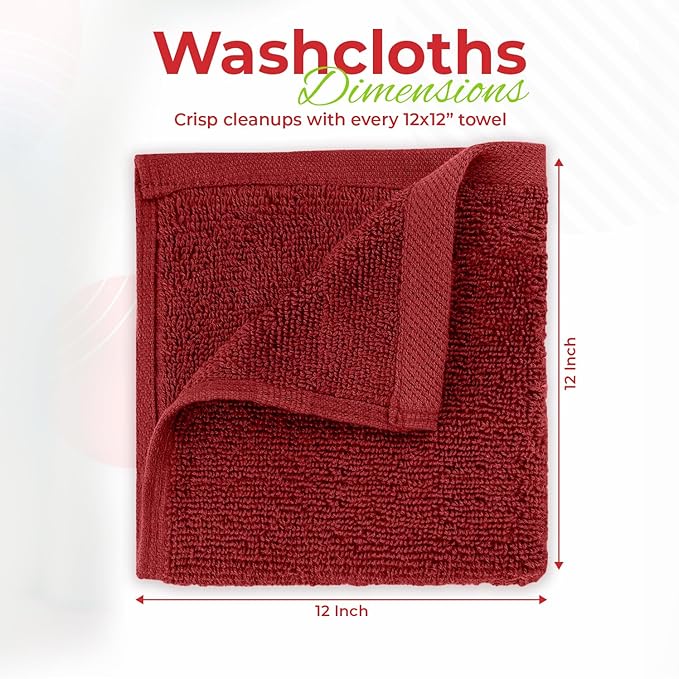 RIVERSIDE 12 Pack Washcloths - 12x12 Inches, 400 GSM, 100% Ring-Spun Cotton - Soft, Absorbent & Durable Face and Body Towels - for Bathroom, Spa, Gym, Makeup Removal & Everyday Use - Red