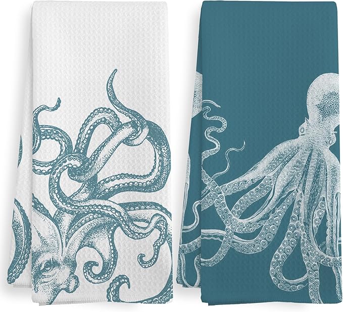 Aqua Teal Coastal Octopus Decor Dish Hand Tea Towels for Bathroom Kitchen, Octopus Ocean Nautical Beachy Bathroom Decor, Coastal Nautical Kitchen Towels and Dishcloths Sets of 2, 16x24 Inch