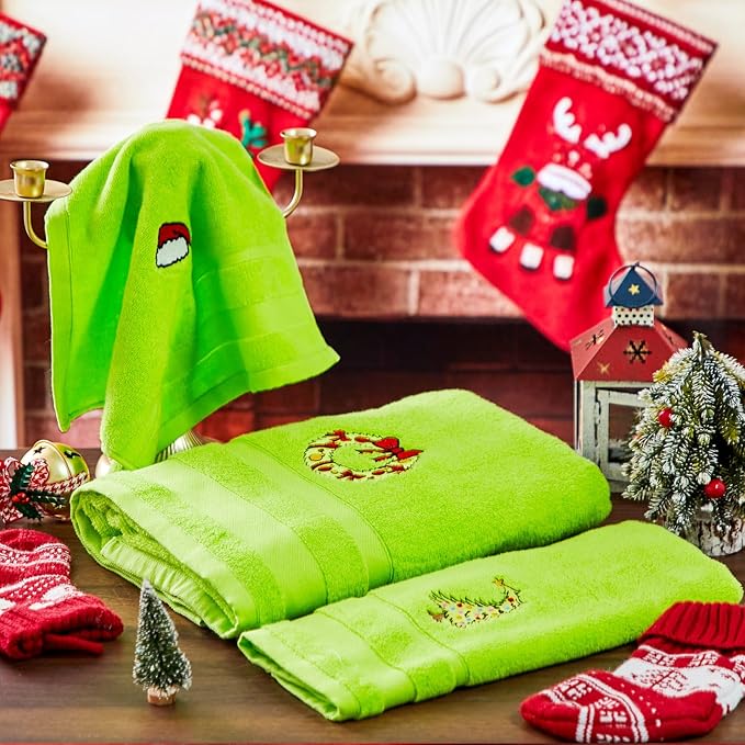 Peryiter 6 Pack Cotton Christmas Green Bath Towels Set Bright Green Christmas Towels Bathroom Set, Soft and Absorbent, Contains 2 Bath Cloth, 2 Hand Cloth and 2 Washcloths