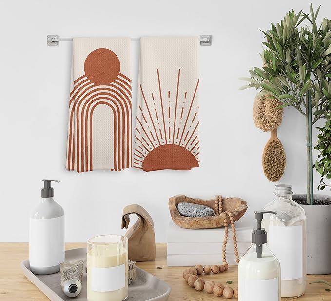 Beige Red Sunrise Moon Rainbow Kitchen Towels and Dishcloths Sets of 2, Bohemian Decorative Towels, Abstract Arch Line Drying Cloth Hand Towels for Bohemian Bathroom Kitchen Decor, 16×24 Inches