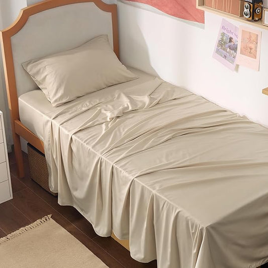 Bedsure Cooling Sheets Twin XL, Rayon Derived from Bamboo, Breathable & Soft Twin XL Sheet Sets, Deep Pocket Up to 16 Inches, Hotel Luxury Silky Dorm Bedding for Hot Sleepers, Beige