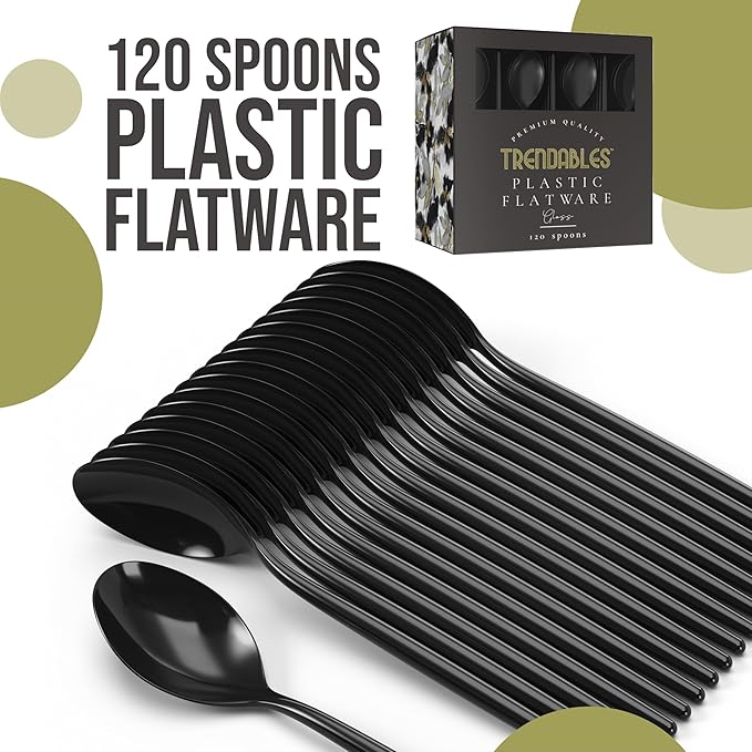 Trendables Disposable Black Plastic Cutlery Set - 120 Pack Silverware With Black Plastic Spoons and Utensils