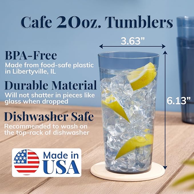 US Acrylic Cafe Plastic Reusable Tumblers (Set of 16) 20-ounce Water Cups in Grey | Value Set of Restaurant Style Drinking Glasses, Stackable, BPA-free, Made in the USA | Top-rack Dishwasher Safe