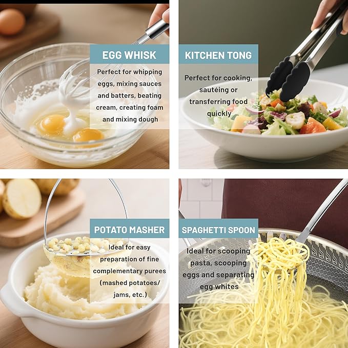 Pleafind Stainless Steel Cooking Utensils Set, 6 Pcs Heat Resistant Kitchen Utensils Set, Nonstick Kitchen Tools for Cooking, Baking, Metal Spatula Set for Chef, Dishwasher Safe