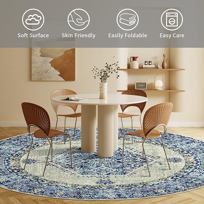 Easy-Going Round Rug 5ft Area Rug Washable Boho Circle Rugs for Living Room Non-Slip Bedroom Rug Low Pile Lightweight Medallion Distressed Throw Rug for Dining Room Kitchen Office, Vintage Blue Cream