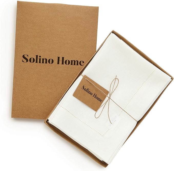 Solino Home Ivory Linen Napkins Set of 6-100% Pure Linen Hemstitch Dinner Napkins 20 x 20 Inch for Holiday, New Year - Classic Hemstitch