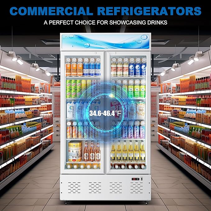 30 Cu.ft Commercial Beverage Refrigerators Glass Door Refrigerator Commercial with LED Light and 10 Shelves, Display Refrigerator for Restaurant Store Cafe Bar, White