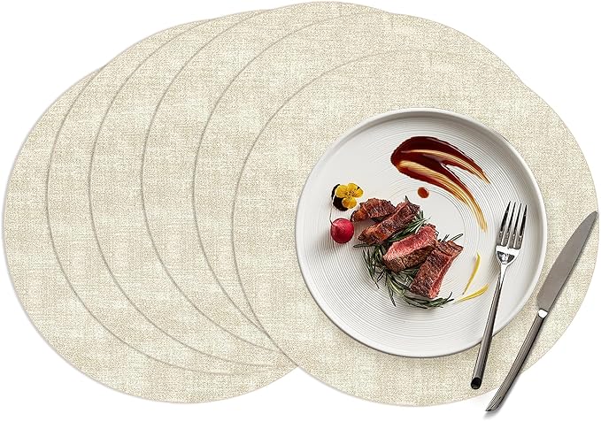 15 inch Faux Leather Round Placemats Set of 6 Non-Slip Washable Wipeable Table Mats, Heat Resistant Waterproof Oilproof Beige Place Mats for Kitchen, Dining, Party, Indoor, Outdoor