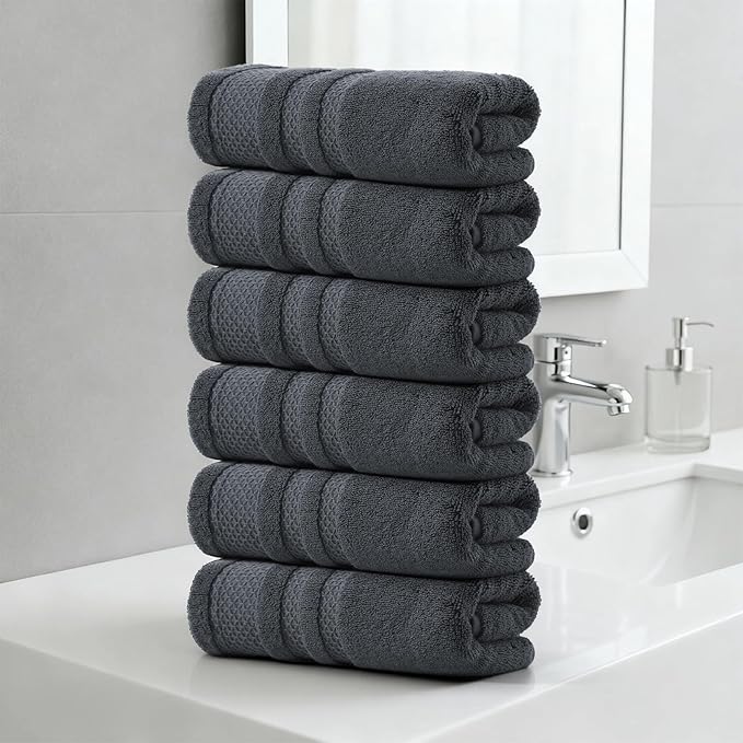 REDKISS 6 Pack Premium Hand Towels for Bathroom, 13 x 30 inch, 100% Cotton Hand Towel Set of 6, Super Soft and Highly Absorbent Towels for Bathroom, Gym, Spa, Shower, and Hotel, Gray