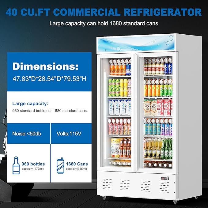 40 Cu.ft Commercial Beverage Refrigerators Glass Door Refrigerator Commercial Cooler with LED Light and 10 Shelves, Display Refrigerator for Restaurant Store Cafe Bar, White