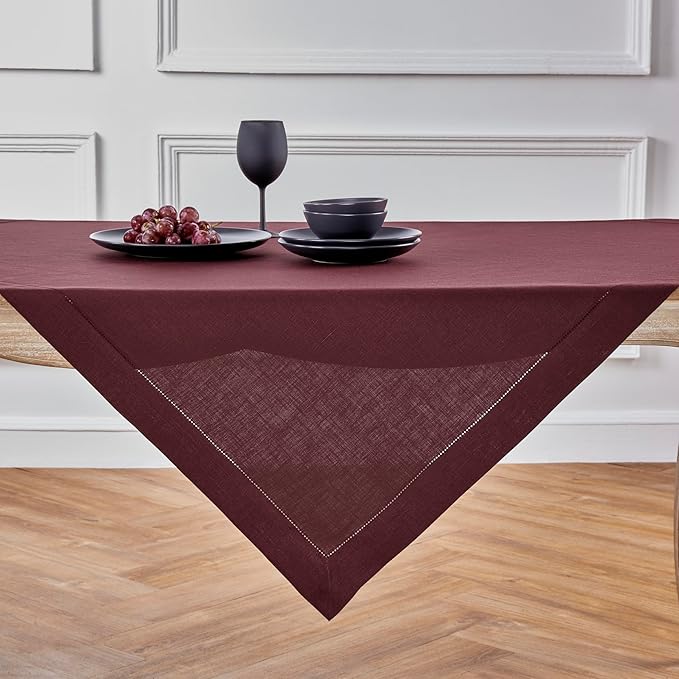 Solino Home Linen Square Tablecloth 52 x 52 Inch - 100% Pure Linen Burgundy Table Throw - Classic Hemstitch, Machine Washable Table Cloth for Holiday, Winter, Valentines