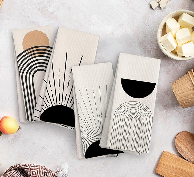 Boho Abstract Kitchen Towels and Dishcloths Set of 4, Boho Hand Towels, Mid Century Modern Abstract Minimalist Sunshine Drying Cloth Hand Dish Tea Towel for Bathroom Kitchen, 16x24 Inches