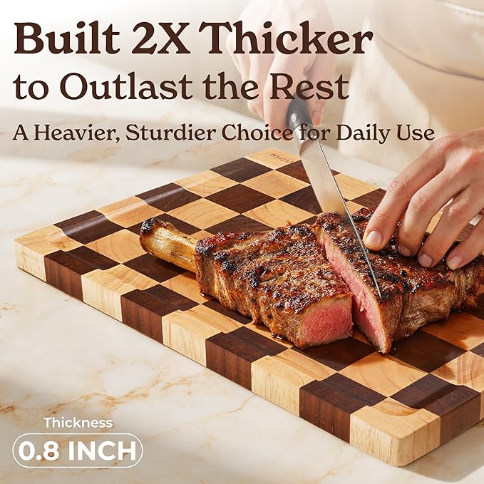 SMIRLY Wood Cutting Boards for Kitchen Wooden Chopping Board Set Reversible with Deep Juice Grooves Grip Handles, Large Charcuterie Tray for Home Kitchen, Rubber Wood, 3Pcs with Holder