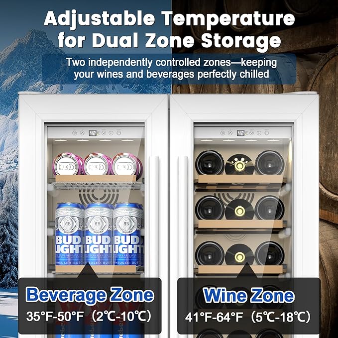 24 Inch Dual Zone Wine and Beverage Refrigerator - Under Counter Built-in/Free Standing Beverage Cooler with Glass Door,Beverage Fridge with Large Capacity, Advanced Cooling System, White