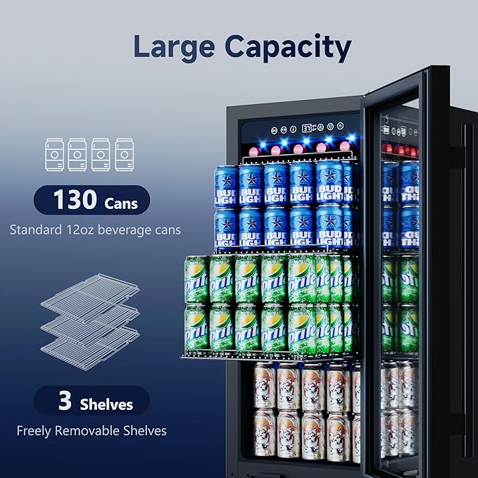 15 Inch Built-In Beverage Fridge, 132-Can Capacity Freestanding Drink Fridge with Tempered Glass Door & Blue LED Display, Adjustable Shelving for Home Bar, Kitchen, or Office Use (Black)