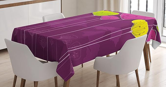 Ambesonne Floral Tablecloth, Colorful Sketchy Flower Poppies Field and Fluffy Clouds Landscape, Rectangular Table Cover for Dining Room Kitchen Decor, 60" X 84", Green Purple