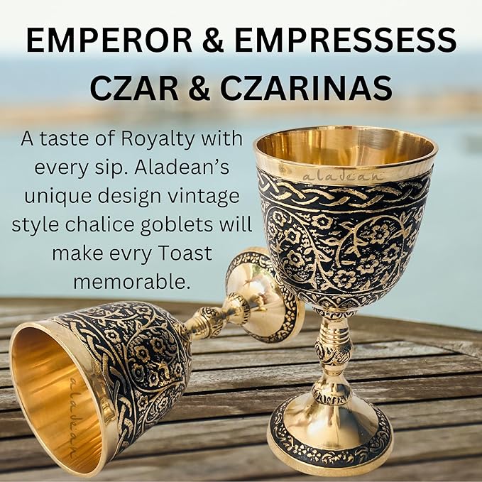 Vintage Chalice Medieval Goblet | 1x Solid Brass Red Wine Glass Cups of Royal King Arthur - Renaissance, Birthday Gifts Christmas Wedding Anniversary Novelty Ceremonial Drinkware (Czar Goblet)