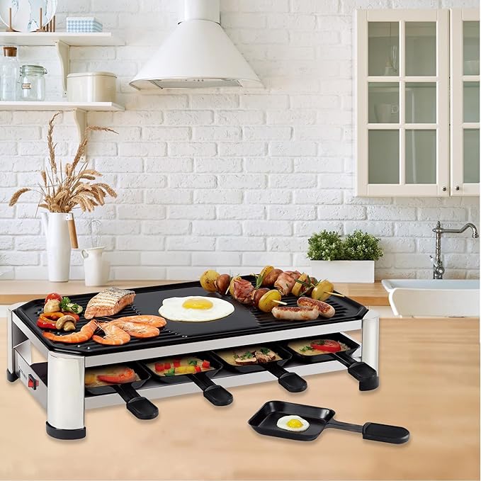 TAMARIT 8-Person Raclette Grill, Electric Party Grill with Nonstick Plate, 8 Pans and Spatulas, 1500 W (Indoor), Stainless Steel