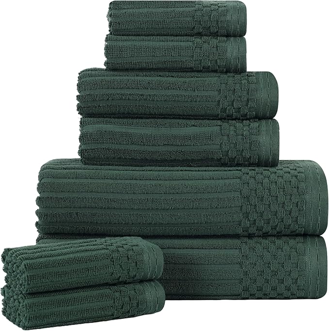 Superior 8 Piece Cotton Towel Set, Include 2 Bath Towels, 2 Hand Towels, 4 Face Towel/Washcloths, Daily Use for Bathroom, Guest Bath, Ribbed, Absorbent, Home Essentials, Soho Collection, Forest Green