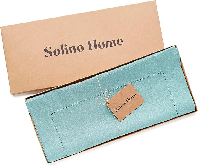 Solino Home Linen Aqua Blue Table Runner 156 Inches Long - 100% Pure Linen Extra Long Table Runner 14 x 156 Inch for Winter - Classic Hemstitch