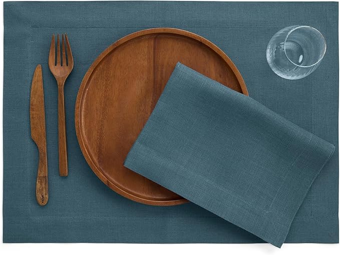 Solino Home Linen Cloth Placemats Set of 4 - 100% Pure Linen Peacock Blue Placemats 14 x 19 Inch for Winter - Fete