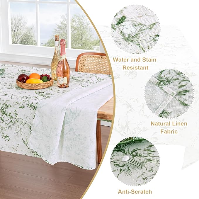 H.VERSAILTEX Linen Table Cloths Floral Printed Tablecloth Spill-Proof Waterproof Table Cover for Dining Buffet Feature Soft and Thick Fabric Wrinkle Free, 60 x 104 Inch, Vintage Botanical - Green