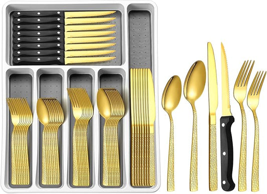 49Pcs Silverware Set with Organizer, Silver Stainless Steel Flatware Set for 8 Cutlery Utensil Sets with Steak Knives, Spoons and Forks Set, Dishwasher Safe
