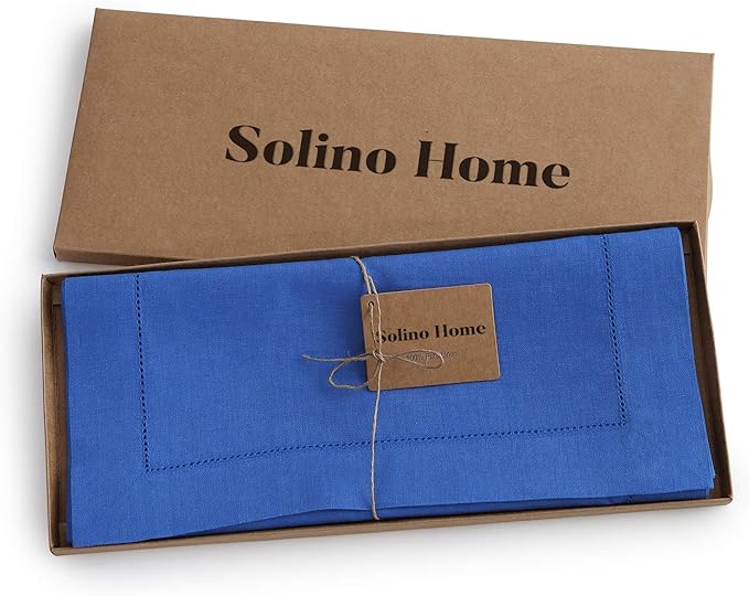 Solino Home Linen Royal Blue Table Runner 132 Inches Long - 100% Pure Linen Extra Long Table Runner 14 x 132 Inch for New Year - Classic Hemstitch