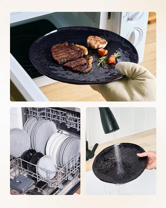 Famiware Porcelain kitchen plates and bowls set, Modern dishes set for 6, Handmade Wave Edge Dinnerware Sets, Microwave and Dishwasher Safe Tableware, Glossy-black (24pc)