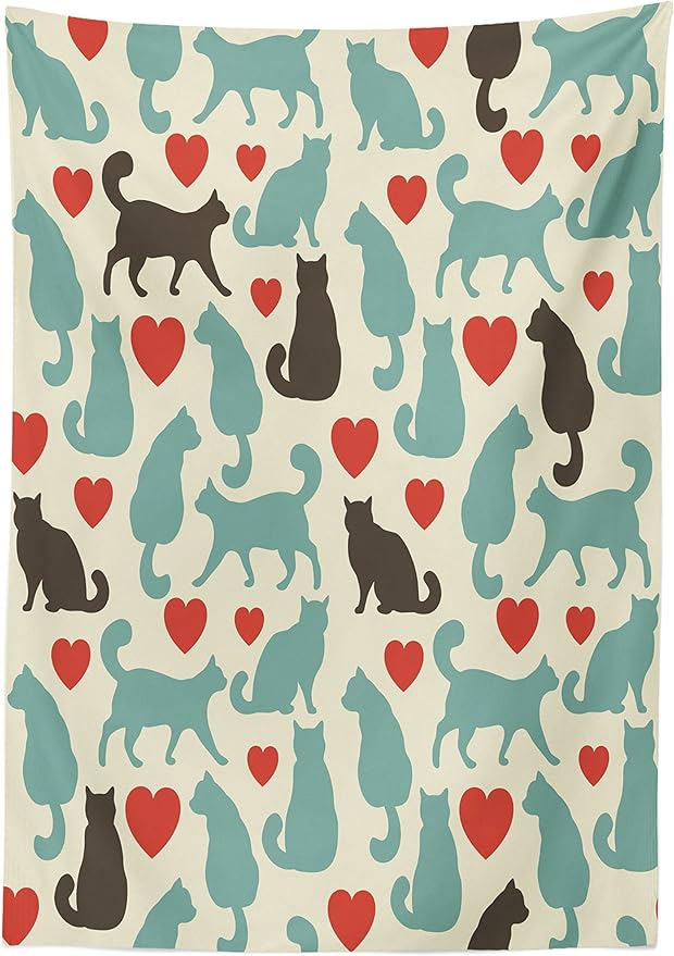 Ambesonne Cat Tablecloth, Pattern with Cats Hearts Happy Walking Shape Kitty Domestic Animal Pets, Dining Room Kitchen Rectangular Table Cover, 52" X 70", Turquoise