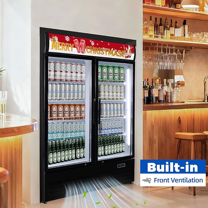 36 cu.ft Commercial Refrigerators with 2 Glass Door, Beverage Fridge with LED Light Display Upright Merchandiser, Drink Cooler with 8 Adjustable Shelves Black ETL Approved