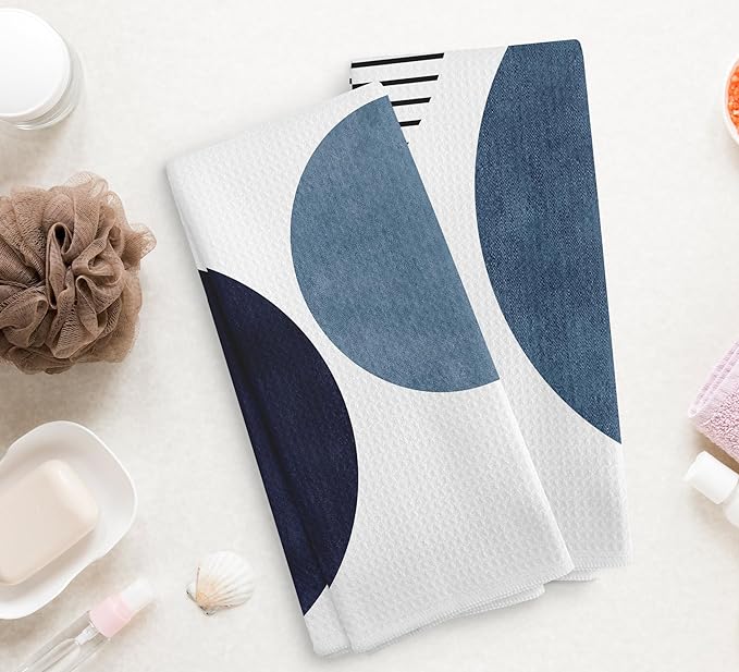 Boho Navy Blue Line Kitchen Towels and Dishcloths Set of 2, Boho Bohemian Dish Towels, Boho Absorbent Decorative Blue Hand Towels for Bathroom Kitchen, 16×24 Inches