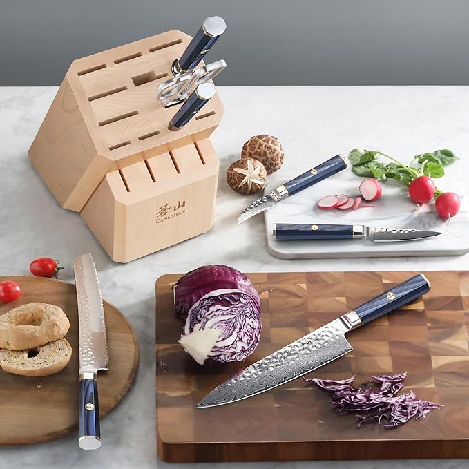 Cangshan KITA Series 8-Piece Knife Block Set with Empty Slots, High Carbon X-7 Damascus Steel 16-Slot, 503862 (Maple, 8pc)