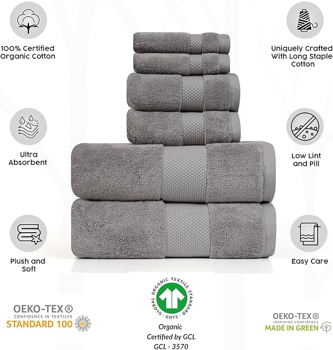 Farm to Home 100% Organic Christmas Bath Towel Set of 6 – GOTS & Oeko-TEX Certified Organic Cotton, Soft, Ultra Absorbent, Quick Dry - Includes 2 Bath Towels, 2 Hand Towels, 2 Washcloths - Stone