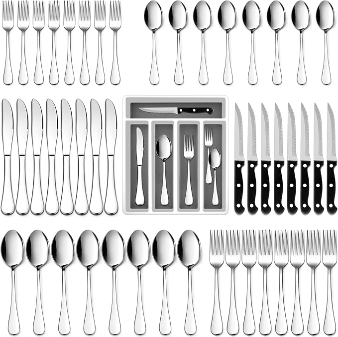 E-far Silverware Set with Organizer, 49-Piece Stainless Steel Flatware Cutlery Set for 8 with Steak Knives, Kitchen Metal Eating Utensils Sets Include Forks Spoons Knife, Mirror Polished & Rust Proof