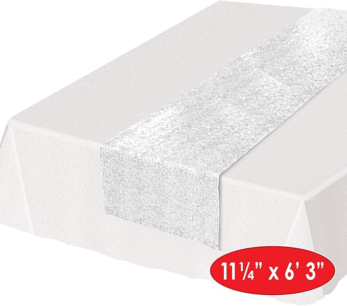Beistle Sequined Fabric Table Runner for Birthday Parties, Wedding Decorations, Anniversary Party, Holiday Supplies, Bridal Shower Tableware, 11.25" x 75", White