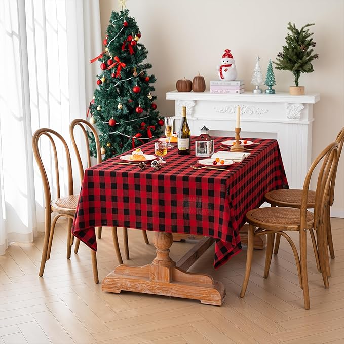 Gingham Christmas Tablecloth Heavy Duty Cotton Blend Red 60x102 inch Plaid Christmas Table Cloth Reusable Waterproof Foldable Tablecloths Xmas Table Cover for New Year Party Decor