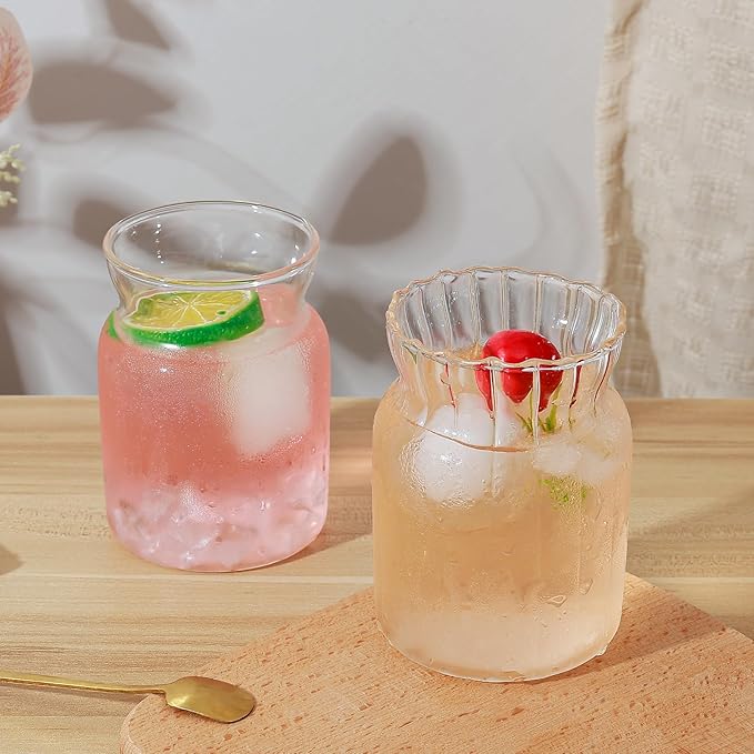 Koythin 2-Piece Ribbed Glass Cups, Vintage Drinking Glassware for Iced Coffee Juice Cocktails Milk Tea Beer, 14 oz/420 ml Cute Bubble Cup with Rounded (Bottle Chubby)