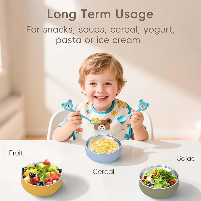 Bella’s Friends Stainless Steel Baby Bowls with Silicone Sleeve 3 Pack, 4.3” for Toddlers Kids Feeding, Non-Slip, Non-Toxic, Mess-Free, Dishwasher Safe, Fit High Chair Size,pink mint green light green