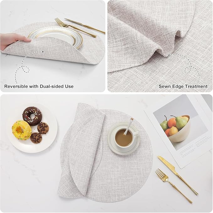 homing 15 Inch Round Cloth Placemats Set of 4, Cotton Linen Blend Washable Table Mats, Farmhouse Dining Place Mats for Indoors & Outdoors, Easy to Clean, Beige