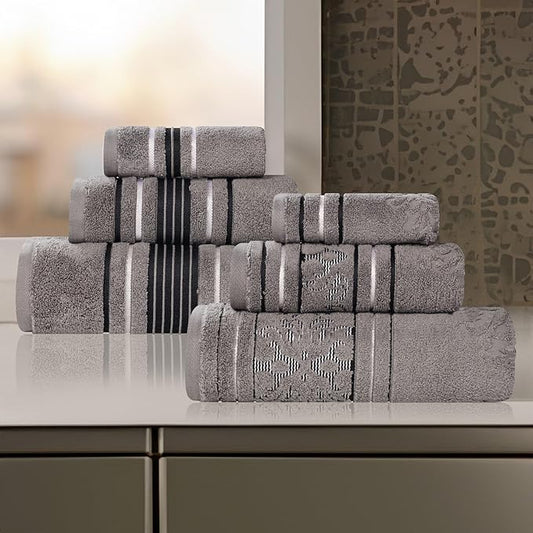Superior Cotton 6 Piece Assorted Floral Towel Set, Includes 2 Bath, 2 Hand, 2 Washcloth/Face Towels, Quick Dry, Home Essentials, Shower, Spa, Luxury Plush Soft Absorbent Towels, Zero Twist, Charcoal