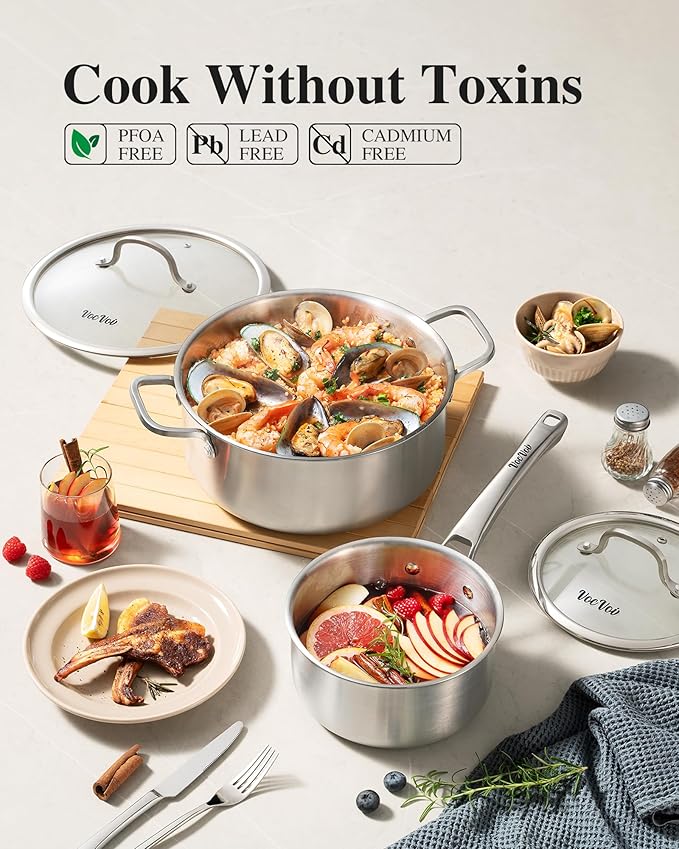 Stainless Steel Cookware Set,Tir-Ply Pots and Pans Set,13 Pcs Stainless Steel Induction Kitchen Cookware Sets,PFOA Free, Frying Pans,Saucepans,Saute Pan & Stock Tagine Pot,Compatible with All Cooktops