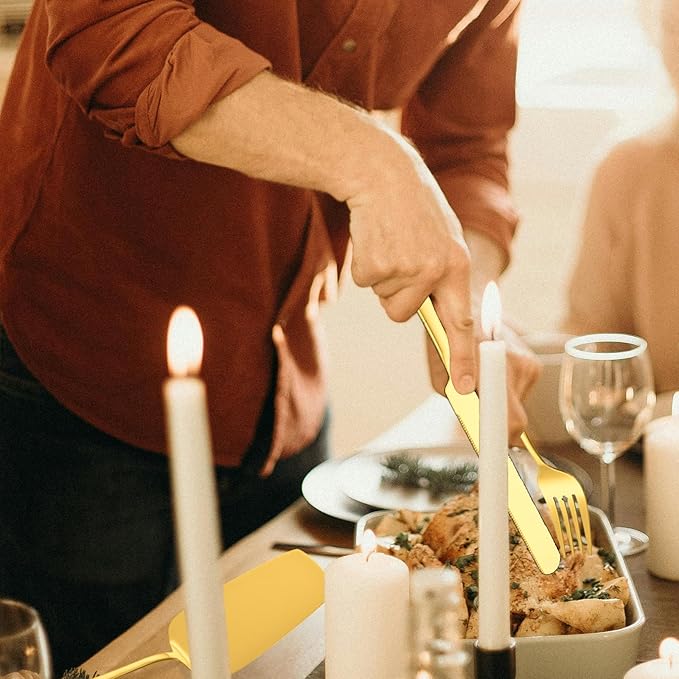 HOUSEWARE Gold Catering Utensils Set,11 Pieces Stainless Steel Flatware Serving Set for Buffet Party include Cake Knife Cutter Large Fork Spoon ladle Skimmer Spatula Turner Server