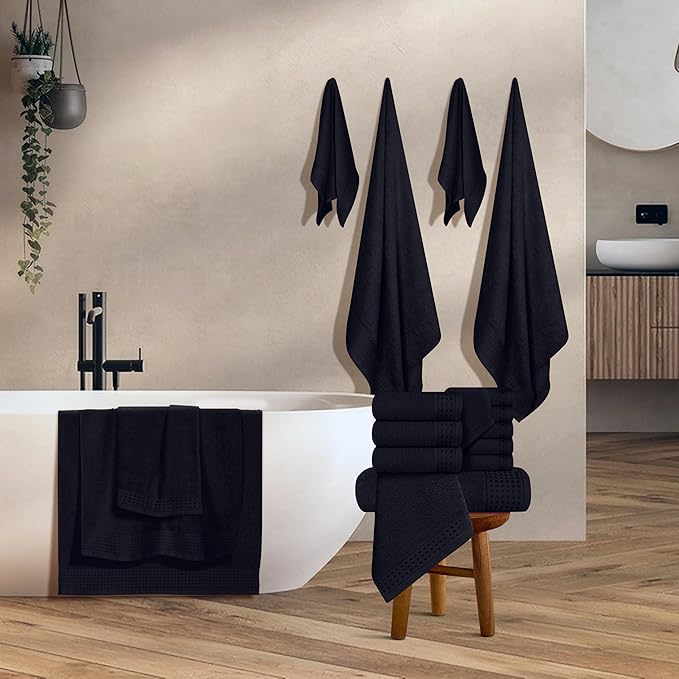 GLAMBURG Towels for Bathroom, 100% Cotton Towel Set, Contains 8 Soft Bath Towel, 8 Hand Towels, 8 Wash Cloths - Compact Absorbent Lightweight & Quickdry - 24 Piece Bathroom Towel Set - Black