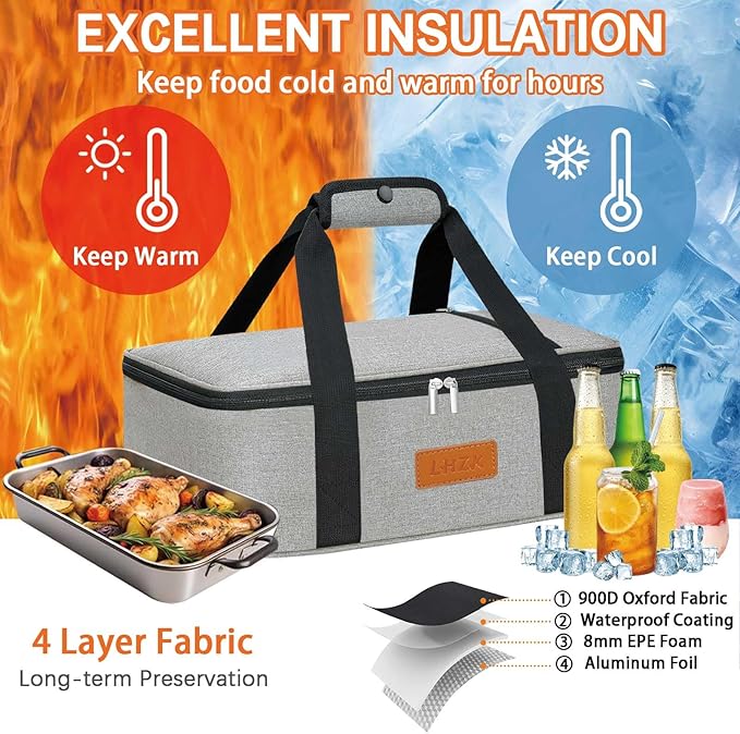 LHZK Insulated Casserole Carriers for Hot or Cold Food, Lasagna Holder Tote for Potluck Parties, Beach, Picnic, Travel, Fits 11x15 or 9x13 Dish (Grey)