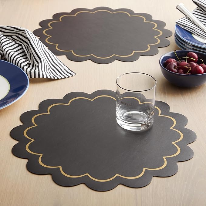 Kate Spade New York Scallop Edge Round Reversible Placemats 6-Pack Set, Imitation Leather with Metallic Print, Water Resistant, Easy Wipe Clean, Black/Gold, 15" Round