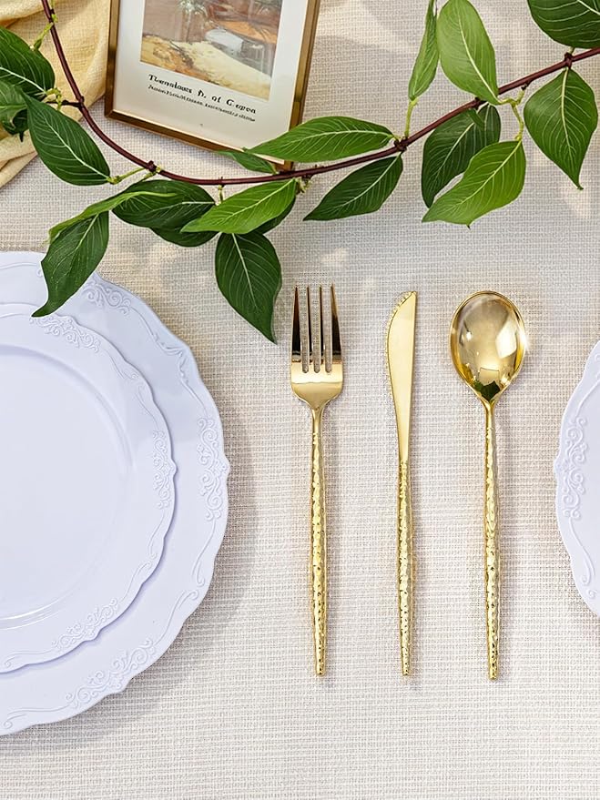 U-QE 60 PCS Gold Plastic Forks - 7.7 Inch Hammered Heavy Duty Plastic Forks - Elegant Gold Plastic Silverware - Perfect for Parties & Weddings and Other Daily Events