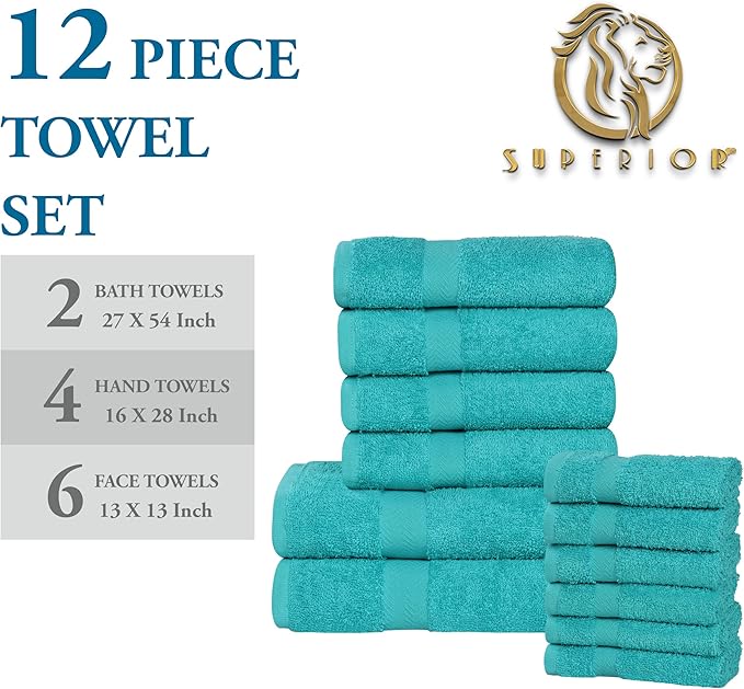 Superior 12-Piece Cotton Assorted Towel Set, Includes 6 Face/Washcloths, 4 Hand, and 2 Bath Towels, Lightweight Essentials, for Home, Beach, Bathroom, Quick Drying, Franklin Collection, Turquoise