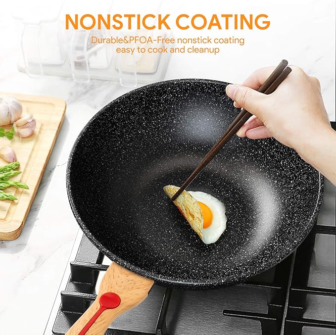Nonstick Wok Aluminium Die-casting Chinese Wok, Scratch Resistant With Lid and Spatula, PFOA-Free, Dishwasher Safe & Induction Bottom,12 Inch,6L,Large Capacity
