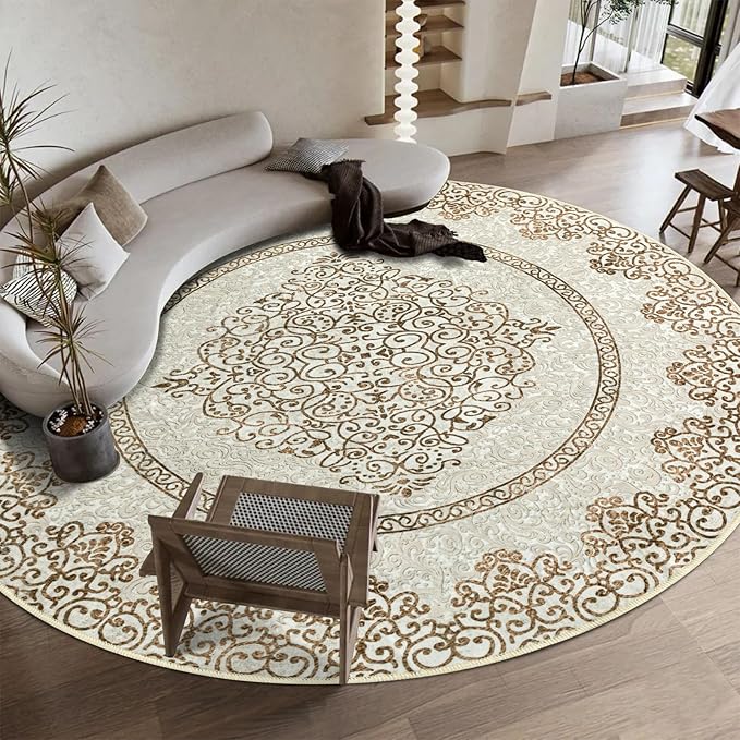 Easy-Going Round Rug 5ft Area Rug Washable Boho Neutral Circle Rugs for Living Room Non-Slip Bedroom Rug Low Pile Lightweight Floral Brown Print Vintage Throw Rug for Dining Room Kitchen Home Office